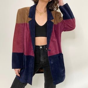 90s Vintage Color Block Suede Blazer Navy Tan Red